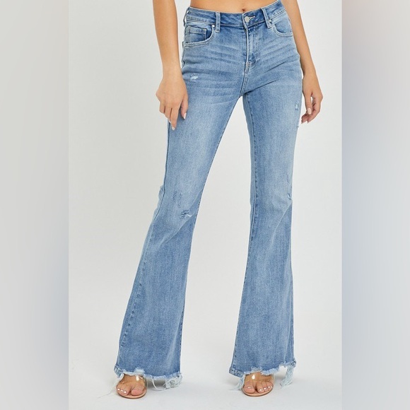 RISEN HIGH RISE DISTRESSED FLARE JEANS - Picture 4 of 8